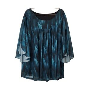 No Label Mesh Overlay Tunic 3X Teal & Black Print Flutter Sleeve Abstract Flowy